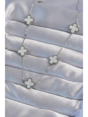 MuI MuI 316L Çelik Gümüş Renk Beyaz Sedefli Yonca Kolye