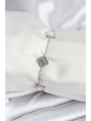 MuI MuI 316L Çelik Gümüş Renk Beyaz ve Zirkon Taşlı Baby Boy Yonca Kadın Bileklik