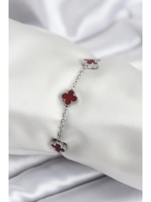 MuI MuI 316L Çelik Gümüş Renk Bordo Baby Boy Yonca Kadın Bileklik