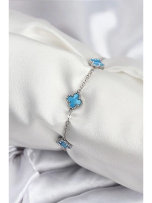 MuI MuI 316L Çelik Gümüş Renk Buz Mavisi Baby Boy Yonca Kadın Bileklik