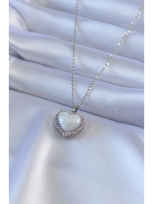MuI MuI 316L Çelik Gümüş Renk İncili Kalp Model Zirkon Taşlı Kadın Kolye
