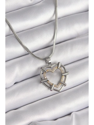 MuI MuI 316L Çelik Gümüş Renk İtalyan Zincir Mix Renk Zirkon Taş Detay Kalp Model Kadın Kolye