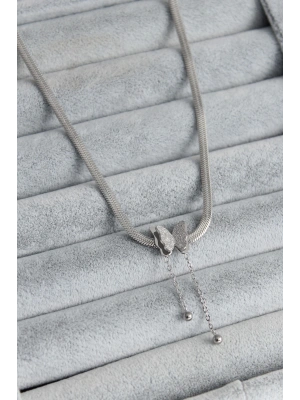 MuI MuI 316L Çelik Gümüş Renk İtalyan Zincir Model Simli Kelebek Figür Kadın Kolye