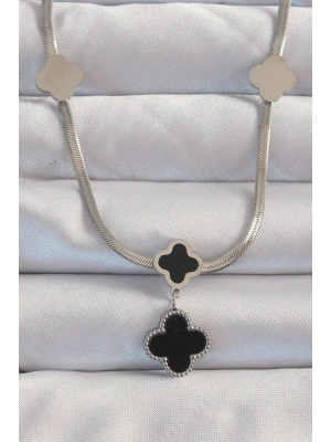 MuI MuI 316L Çelik Gümüş Renk İtalyan Zincirli Mineli Yonca Kolye