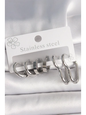 MuI MuI 316L Çelik Gümüş Renk Kalp Halka Model Kadın Küpe Seti