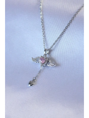 MuI MuI 316L Çelik Gümüş Renk Kanatlı Kalp Figür Zirkon Taş Detay Kadın Kolye