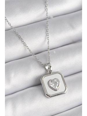 MuI MuI 316L Çelik Gümüş Renk Kare Madalyon Kalp Zirkon Taş İşleme Kadın Kolye