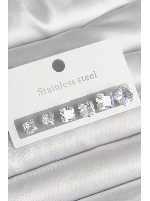 MuI MuI 316L Çelik Gümüş Renk Kare Zirkon Taşlı Kadın Küpe Seti