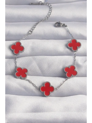 MuI MuI 316L Çelik Gümüş Renk Kırmızı Mineli Yonca Bileklik