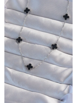 MuI MuI 316L Çelik Gümüş Renk Minimal Siyah Mineli Yonca Kolye