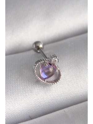 MuI MuI 316L Çelik Gümüş Renk Mor Mineli Kalp Zirkon Taş Detay Tragus Piercing