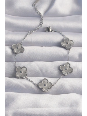 MuI MuI 316L Çelik Gümüş Renk Motifli Yonca Bileklik