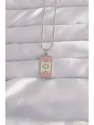 MuI MuI 316L Çelik Gümüş Renk Pembe Mineli Ay Figür Tarot Kolye