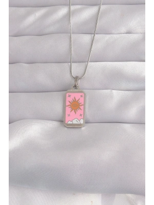 MuI MuI 316L Çelik Gümüş Renk Pembe Mineli Güneş Model Tarot Kolye