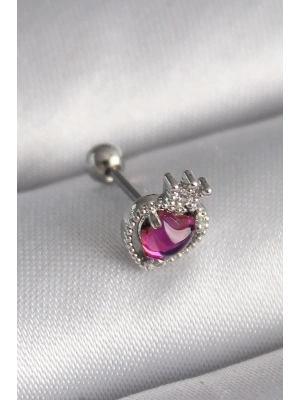MuI MuI 316L Çelik Gümüş Renk Pembe Mineli Kalp Zirkon Taş Detaylı Taç Tragus Piercing