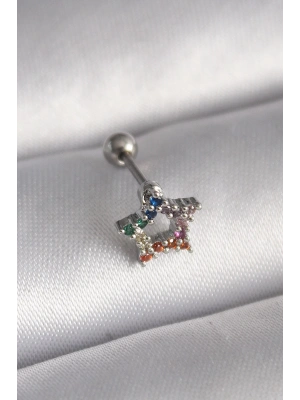 MuI MuI 316L Çelik Gümüş Renk Renkli Zirkon Taşlı Yıldız Model Tragus Piercing