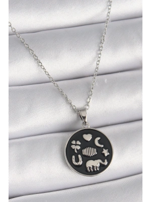 MuI MuI 316L Çelik Gümüş Renk Siyah Renk Şans Kolyesi