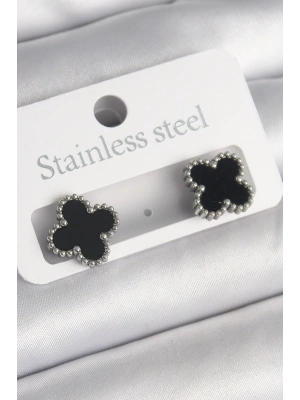 MuI MuI 316L Çelik Gümüş Renk Siyah Yonca Model Kadın Küpe