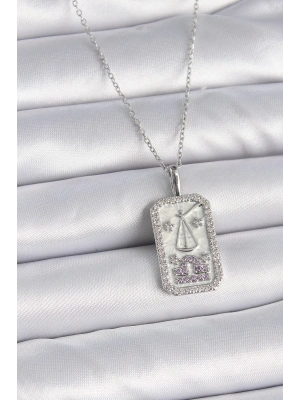 MuI MuI 316L Çelik Gümüş Renk Terazi Burcu Zirkon Taşlı Kadın Kolye