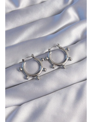 MuI MuI 316L Çelik Gümüş Renk Topçuk Tasarımlı Oval Küpe