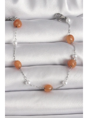 MuI MuI 316L Çelik Gümüş Renk Turuncu Doğaltaş Model İnci Detay Kadın Bileklik