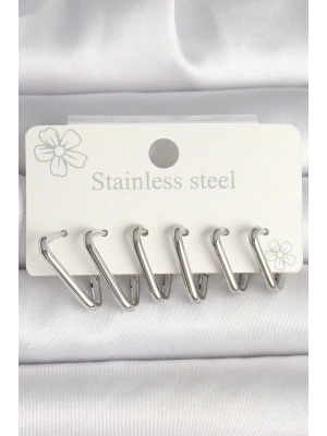 MuI MuI 316L Çelik Gümüş Renk Üçgen Model Kadın Küpe Seti