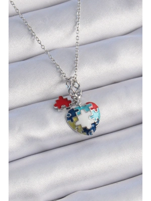 MuI MuI 316L Çelik Gümüş Renk Yapboz Motif Kalp Figür Charm Model Kadın Kolye