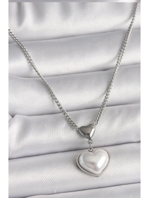 MuI MuI 316L Çelik Gümüş Renk Zincir 3D Kalp Model Kadın Kolye