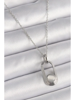 MuI MuI 316L Çelik Gümüş Renk Zincir Beyaz Kedi Göz Model Kadın Kolye