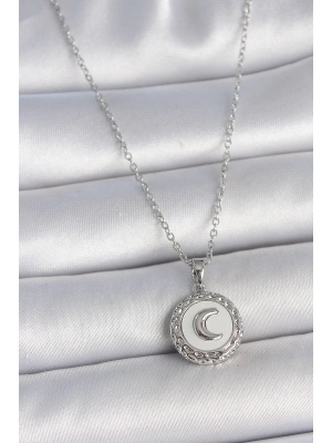 MuI MuI 316L Çelik Gümüş Renk Zincir Beyaz Mineli Hilal İşlemeli Madalyon Model Kadın Kolye