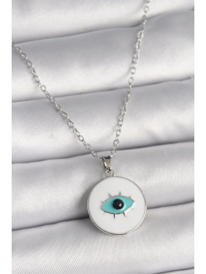 MuI MuI 316L Çelik Gümüş Renk Zincir Beyaz Mineli Turkuaz Göz İşleme Model Kadın Kolye