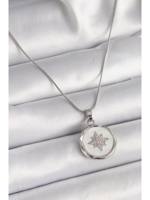 MuI MuI 316L Çelik Gümüş Renk Zincir Beyaz Sedefli Zirkon Taşlı Yıldız İşleme Model Kadın Kolye