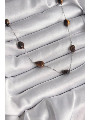 MuI MuI 316L Çelik Gümüş Renk Zincir Kahverengi Doğaltaş Model Kadın Kolye