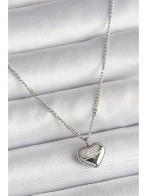 MuI MuI 316L Çelik Gümüş Renk Zincir Love İşleme Kalp Figür Kadın Kolye