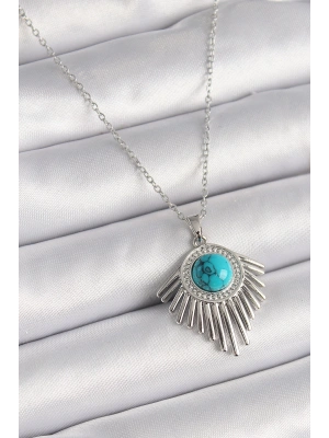 MuI MuI 316L Çelik Gümüş Renk Zincir Mavi Boncuklu Zirkon Taşlı Kadın Kolye