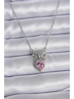 MuI MuI 316L Çelik Gümüş Renk Zincir Pembe Kristal Kalp Zirkon Taşlı Kurdele Model Kadın Kolye
