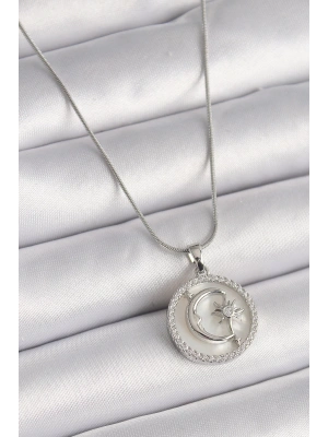 MuI MuI 316L Çelik Gümüş Renk Zincir Zirkon Taş Detaylı Beyaz Sedefli Ay Yıldız İşleme Kadın Kolye