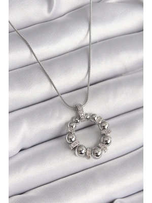 MuI MuI 316L Çelik Gümüş Renk Zincir Zirkon Taş Detaylı Bombeli Halka Model Kadın Kolye