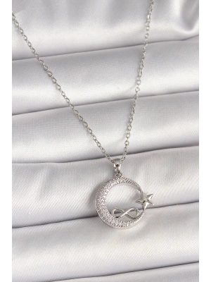 MuI MuI 316L Çelik Gümüş Renk Zincir Zirkon Taşlı Ay Yıldız Model Sonsuzluk Detay Kadın Kolye