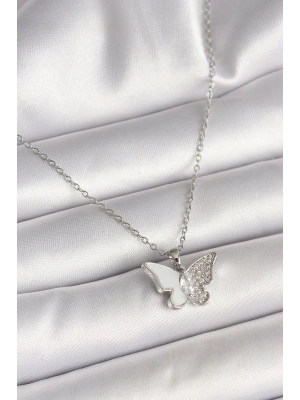 MuI MuI 316L Çelik Gümüş Renk Zincir Zirkon Taşlı Beyaz Mineli Kelebek Model Kadın Kolye