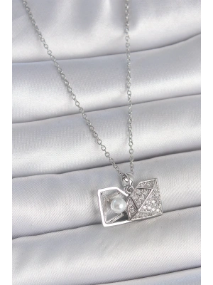 MuI MuI 316L Çelik Gümüş Renk Zincir Zirkon Taşlı İncili Açılır Elmas Model Kadın Kolye