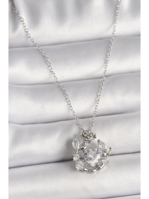 MuI MuI 316L Çelik Gümüş Renk Zincir Zirkon Taşlı Kalp Figür Gül Detay Kadın Kolye