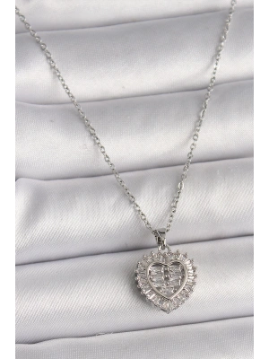 MuI MuI 316L Çelik Gümüş Renk Zincir Zirkon Taşlı Kalp Model Kadın Kolye