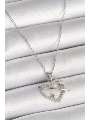 MuI MuI 316L Çelik Gümüş Renk Zincir Zirkon Taşlı Kalp Model Yıldız Detay Kadın Kolye