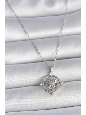 MuI MuI 316L Çelik Gümüş Renk Zincir Zirkon Taşlı Pusula Model Kadın Kolye