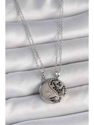 MuI MuI 316L Çelik Gümüş Renk Zincir Zirkon Taşlı Ying Yang Model Gün Batımı İşlemeli Arakdaşlık Kadın Kolye