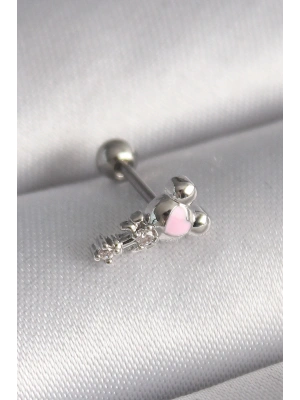 MuI MuI 316L Çelik Gümüş Renk Zirkon Taş Detay Pembe Kalp İşleme Tragus Piercing