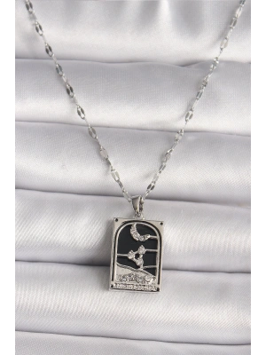 MuI MuI 316L Çelik Gümüş Renk Zirkon Taşlı  Ay Figürlü Taror Model Kadın Kolye