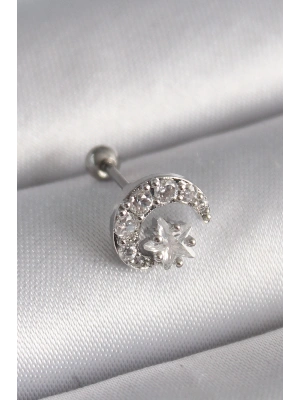 MuI MuI 316L Çelik Gümüş Renk Zirkon Taşlı Ay Yıldız Tragus Piercing