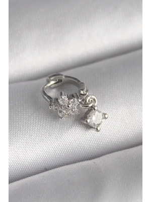 MuI MuI 316L Çelik Gümüş Renk Zirkon Taşlı Çiçek Model Sallantı Detay Tragus Piercing